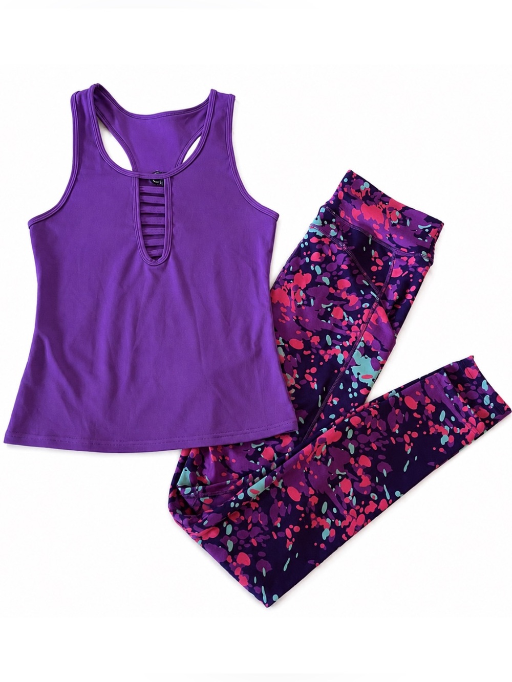 POP Fit | Women’s 2-Piece Workout Set Purple Racerback Tank & Printed Leggings 💜